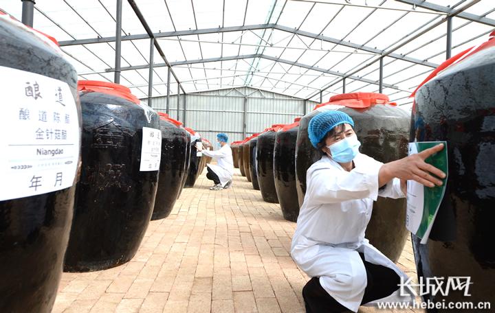 泽阳园家庭农场果蔬醋厂内,工作人员正在标注晒场的醋缸贴.